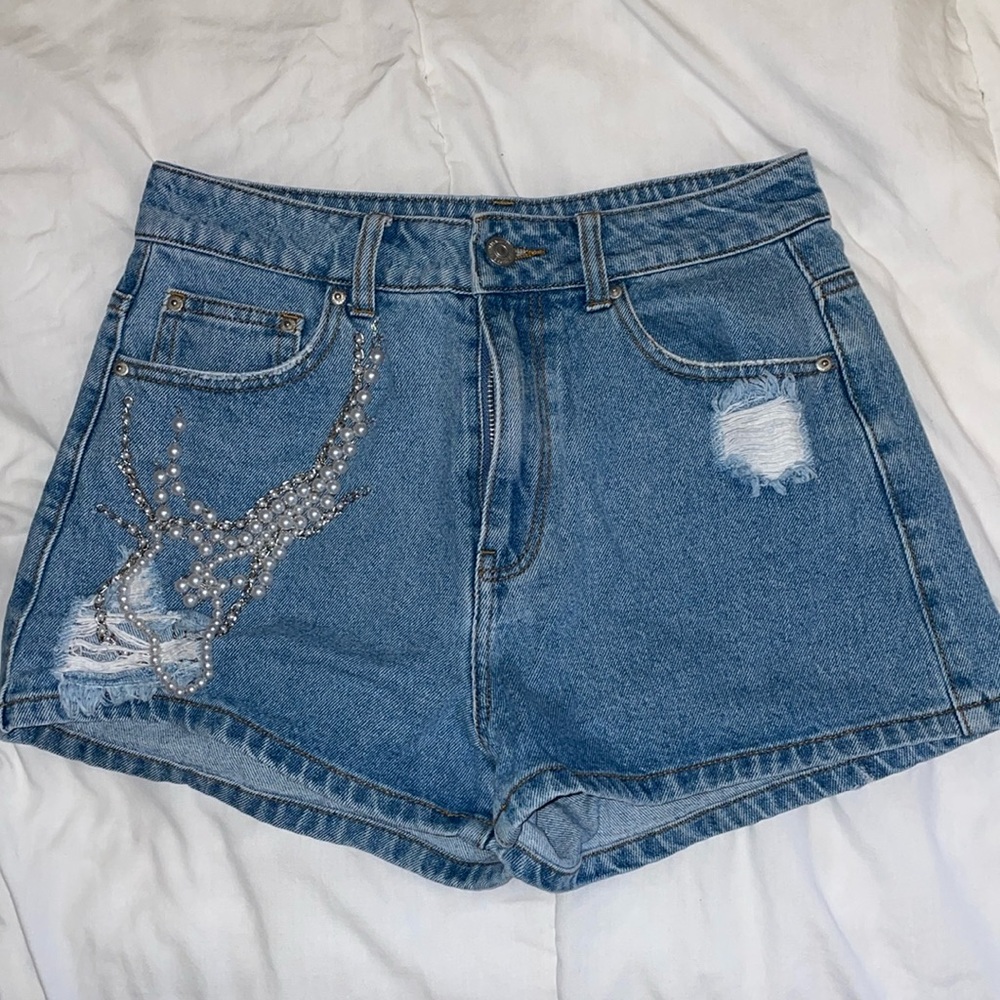 FOREVER21 DENIM SHORTS WITH PEARLS AND PEARL CHAINS